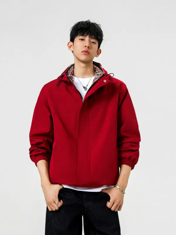 

Red Wine Color Men's Jaet Hooded Outdoor Climbing Suit High Sensation Youth Faion Polyester Fiber Long Sve Zipper Closure