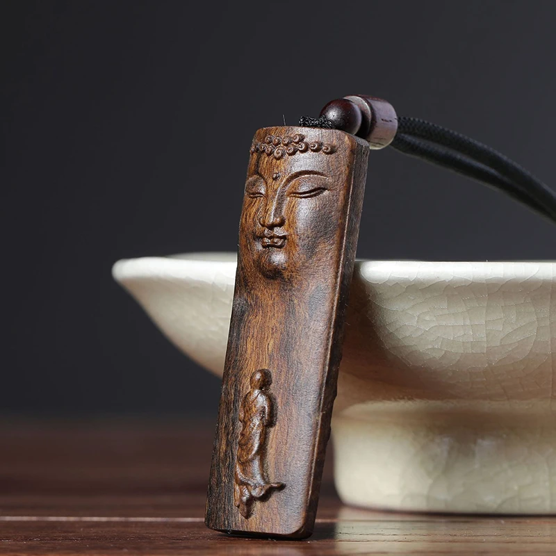 Handle Piece Double-sided Carved Lucky Nafu Ping An Brand Wen Play Wood Agarwood Carved Flower Buddha Statues Pendant