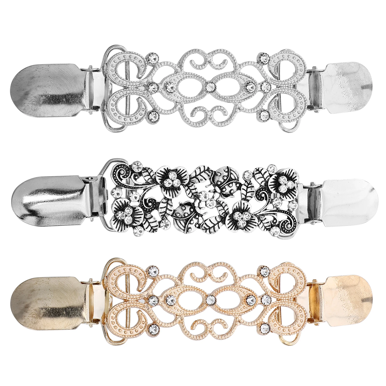 

3Pcs Dress Brooch Clip Rhinestone Alloy Shawl Buckle for Women Fine Craftsmanship Clothing Accessory Cardigan Collar Pin