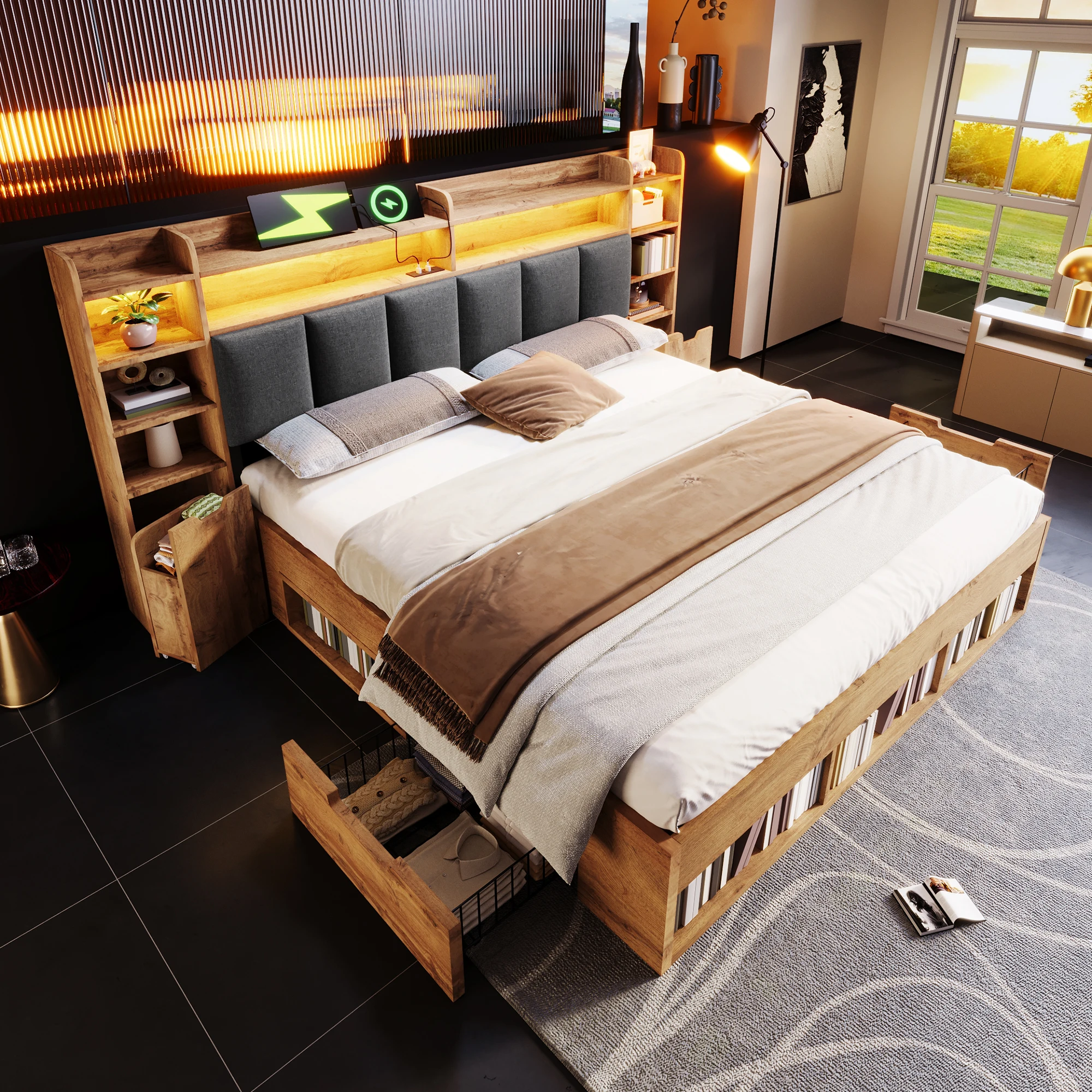 Lit double en chêne 160x200 cm avec tête de lit rembourrée et éclairée par LED, tables de chevet avec USB/Type-C, rangement et sommier à lattes.