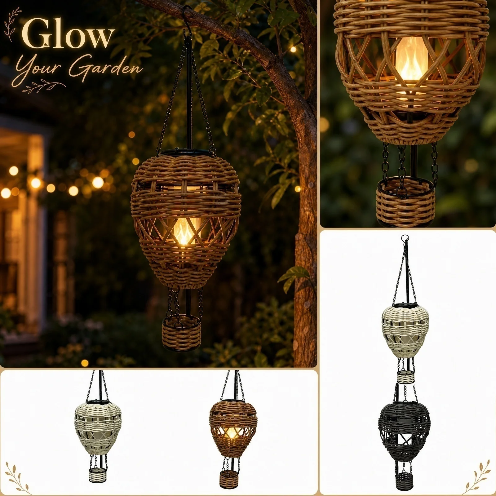 Hot Air Balloon Shape Garden Lamps Decoration Hanging Wicker Solar Courtyard Decorative Lights Outdoor Patio Decor
