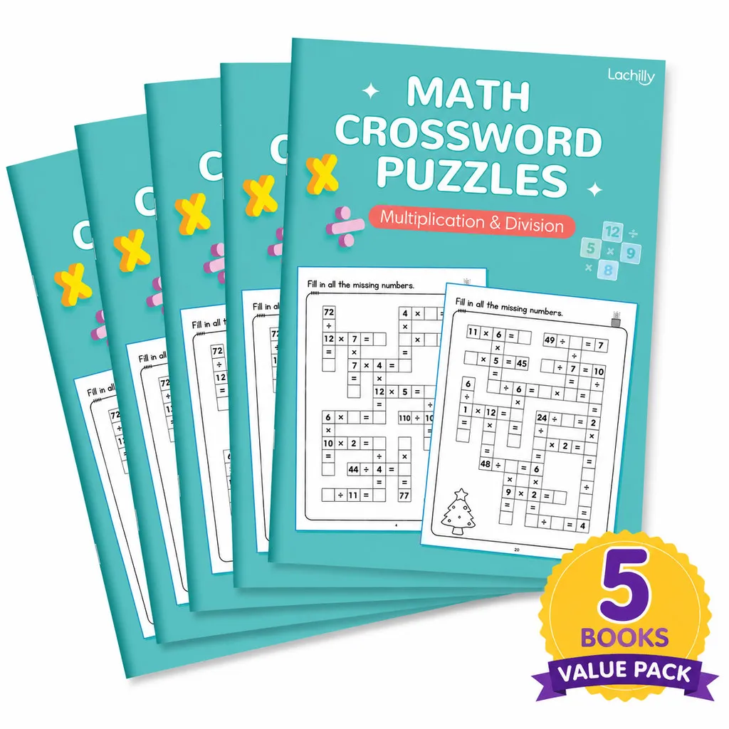 5 Books Value Pack - Multiplication & Division Crossword Puzzle Math Workbook for Kids Children 1-12 Times Tables Practice Book