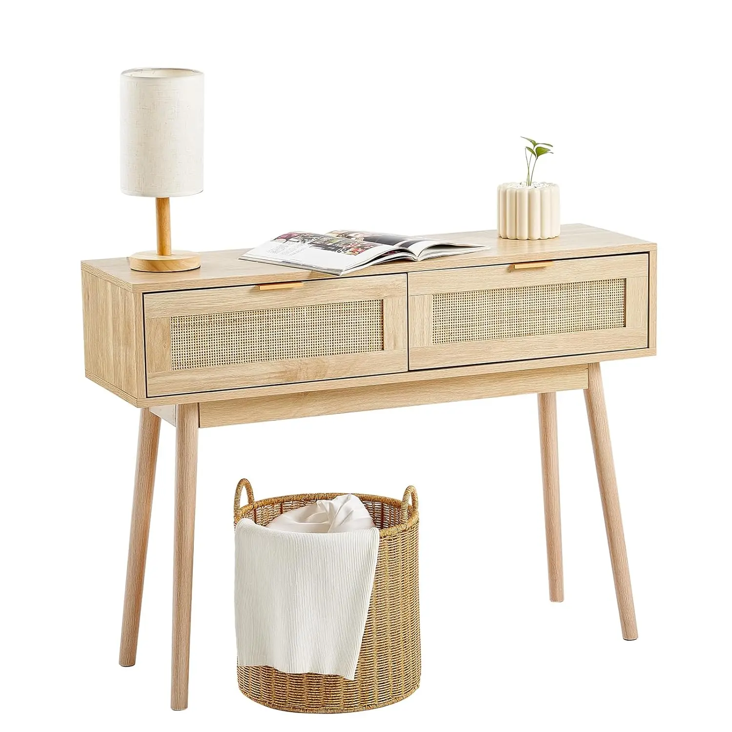 

Rattan Console Table with 2 Drawers Sliding Door Natural Wood Entryway Living Room TV Wall, Customized