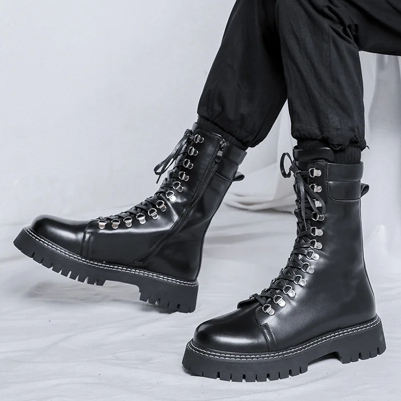 men luxury fashion motorcycle boots black original leather shoes lace-up high top knight boot cowboy platform long botas hombre