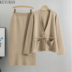 Autumn Winter Elegant Knitted Skirt Set Women Korean Long Sleeve Sweater Cardigan + Casual Skirt Suit Office Lady Two-piece Sets