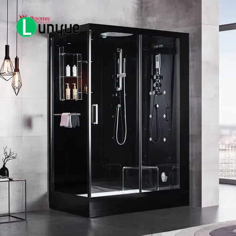 Black Modern 2 Person Steam Sauna Room with Shower Cabin Combination Wet Steam Bathroom for Family Hotel Use