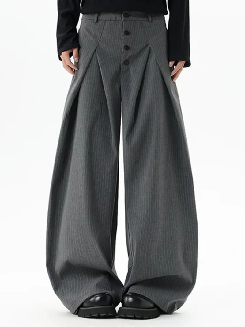 Simple New Men's Trousers Striped Contrast Color Design Casual Bottom Korean Style Pleated Wide Leg A-line Pants 9X7S8G