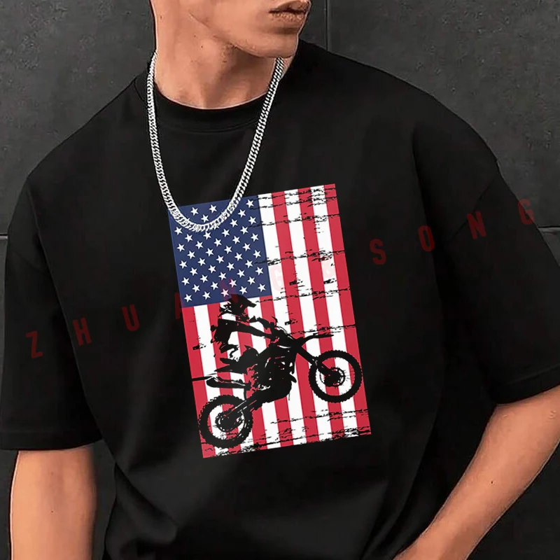 

Motocross Rider Jumping Over An American Men's Print T-Shirt Fashionable Casual Street Style Suitable For Travel And Sports Tee