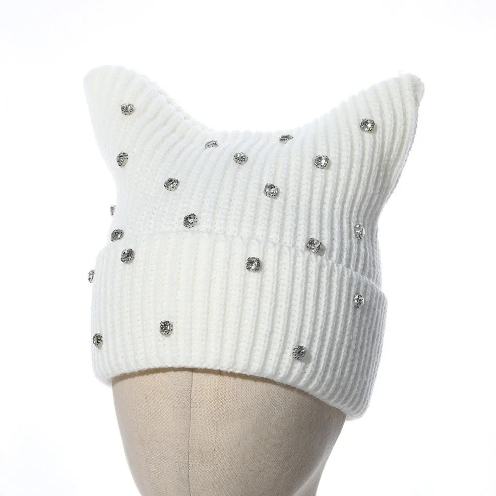 New Yarn Cat Ear Beanie Stretchable Knit Y2K Harajuku Knitted Beanie Hat Punk Gothic Crystal Striped Hat Spring Autumn Winter