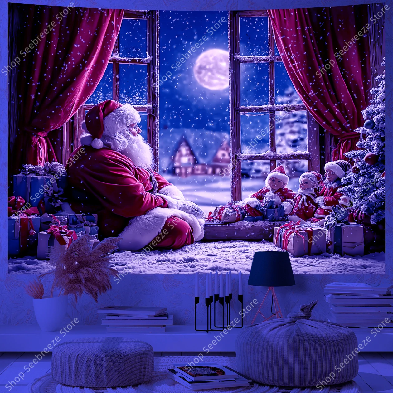 Santa Claus Sitting By Snowy Window with Christmas Tree and Gifts UV Tapestry for Living Room Bedroom Holiday Wall Office Decor