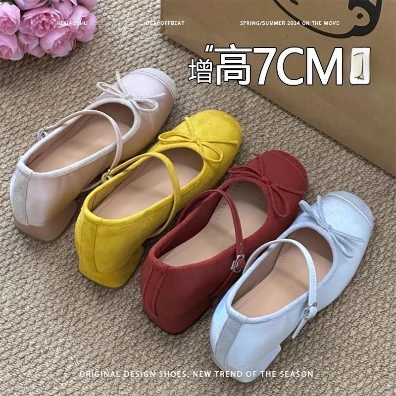 

2025 New French Bow Strap Ballet Single Shoe with 7CM Increase in Height Inside Mary Jane Shoes for Women Zapatos De Mujer