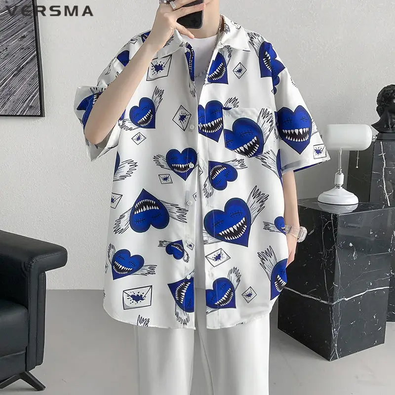 

VERSMA Korean Trendy Fashion Casual Love Print Men Shirt Summer Oversized Short Sleeve Vintage Shirts Women Blouse Dropshipping