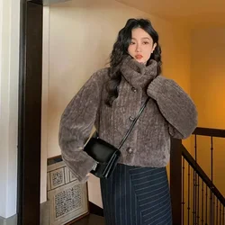 Fashion Korean Warm Fleece Coat Women Harajuku Stand Collar Long Sleeve Lambswool Jacket Female Winter Solid Short Fur Outerwear