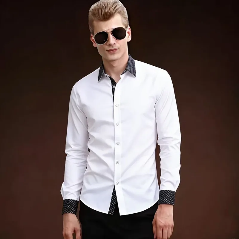 Men's Contrast Color Dress Shirt Polka Dot Collar Cuff Formal Business Button Down Shirt