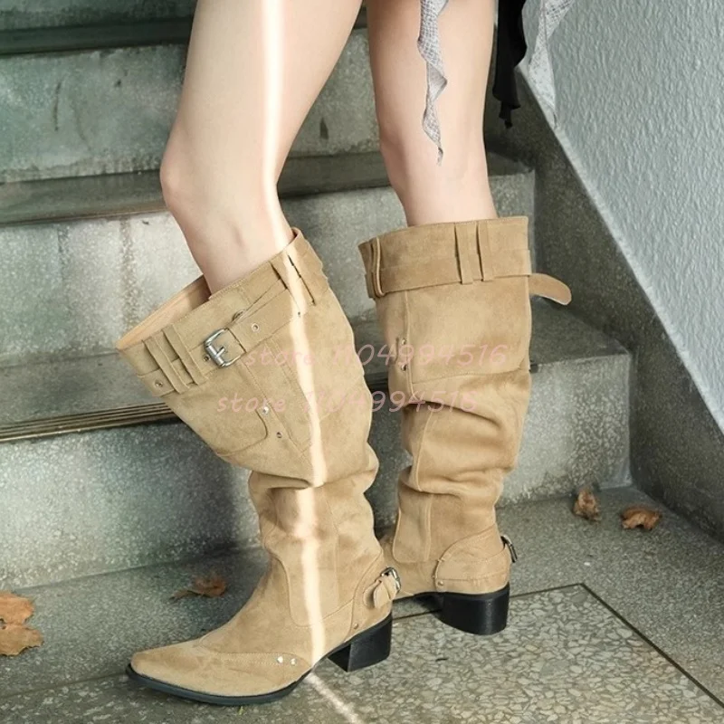 جلد أسود كعب مكتنز مطوي حذاء برقبة للركبة النساء البني الجلد المدبوغ الأحذية الغربية موضة خمر وأشار الانزلاق على أحذية الحفلات