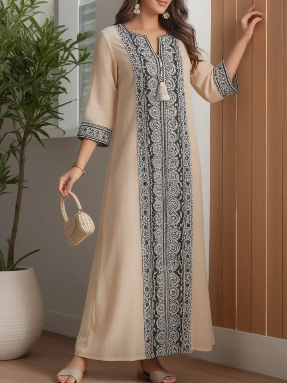 Spring Summer Women Kaftan Dresses Middle Sleeve Printed Women Muslim Dresses