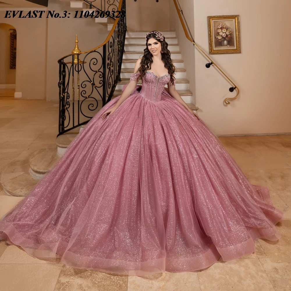 

EVLAST Customized Mexico Pink Quinceanera Dress Ball Gown Applique Crystal Beaded Corset Bow Sweet 16 Vestido De 15 Anos E3Q249