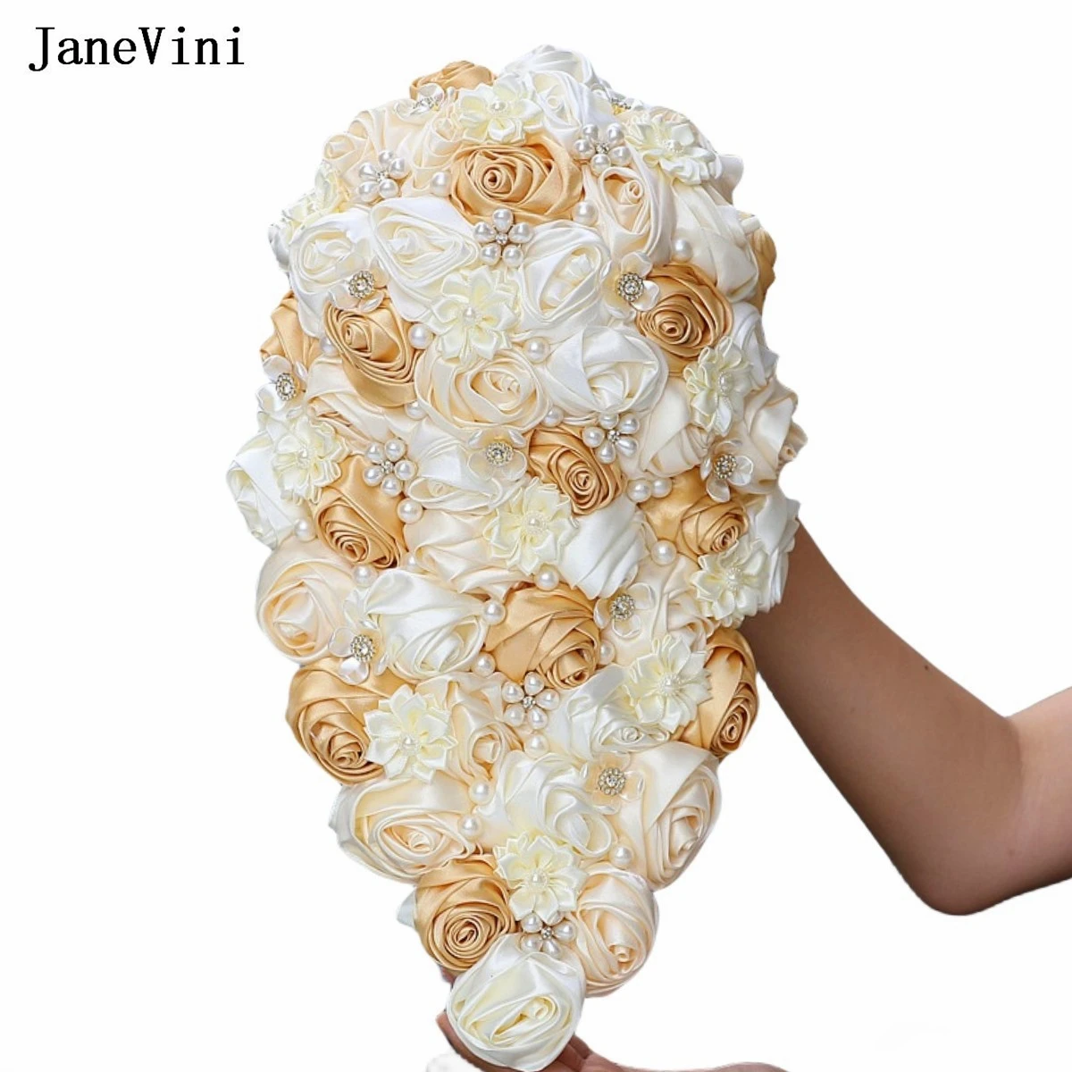 JaneVini Artificial Waterfall Bride Bouquets Cascading Light Khaki Satin Roses Pearls Bridal Flowers Bouquet Wedding Accessories