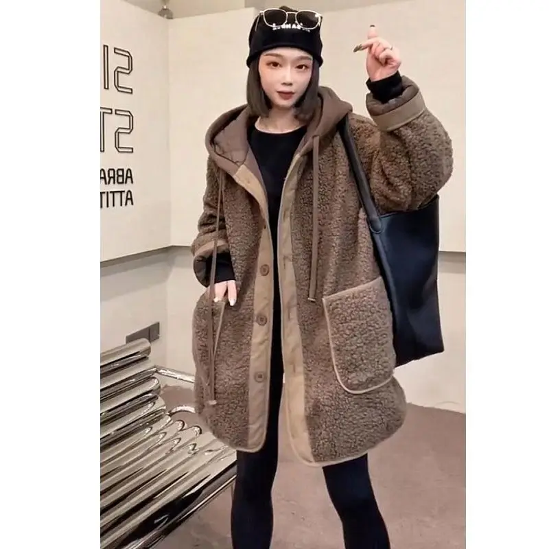 2026 New Women's Thickened Long Lamb Fur Coat Autumn Winter Loose Fit Casual Style Button Splice Medium Length Jacket