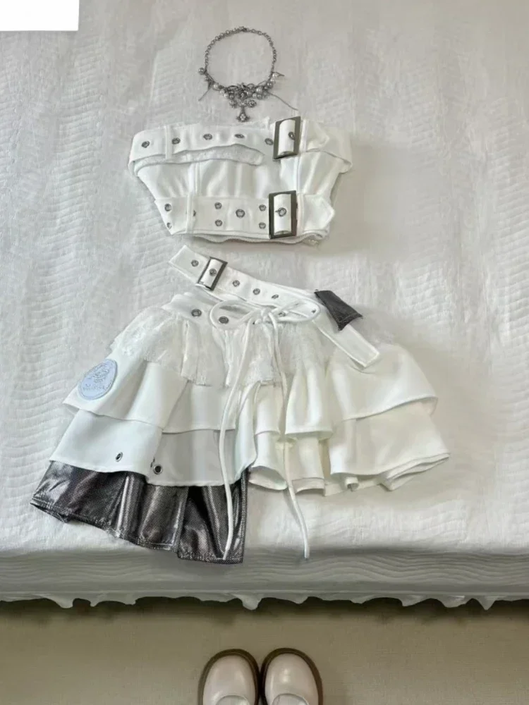 

2025 винтажные летние элегантные женские комплекты из 2 предметов Y2K, укороченные топы без бретелек в стиле панк, готики + юбка с рюшами и высокой талией, женские праздничные наряды