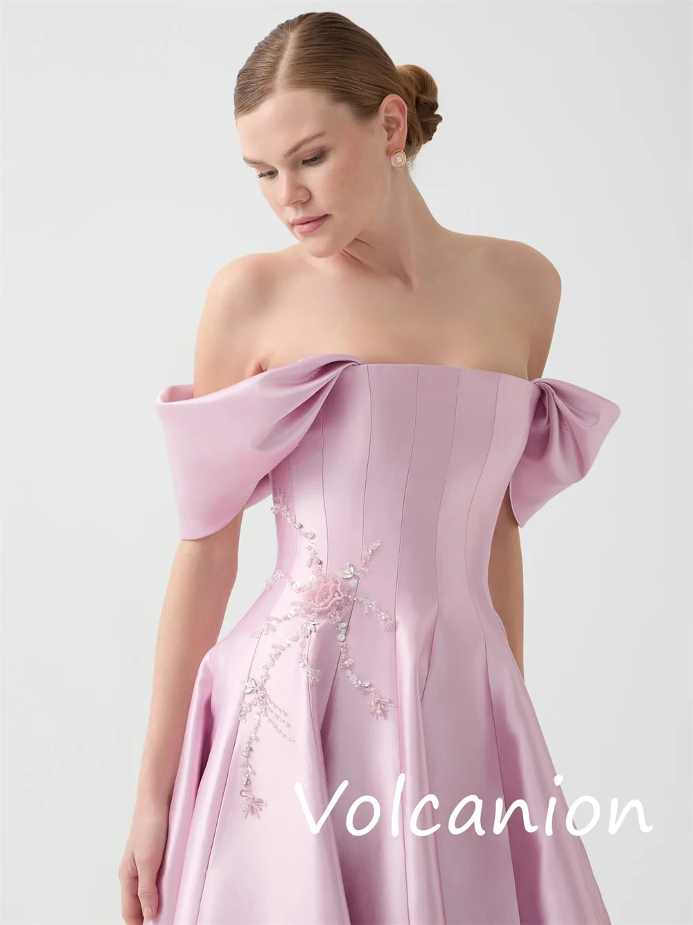 Customized Sparkle Pastrol Charmeuse Pleat A-line Off-the-shoulder Long Dresses Bespoke Occasion Casual