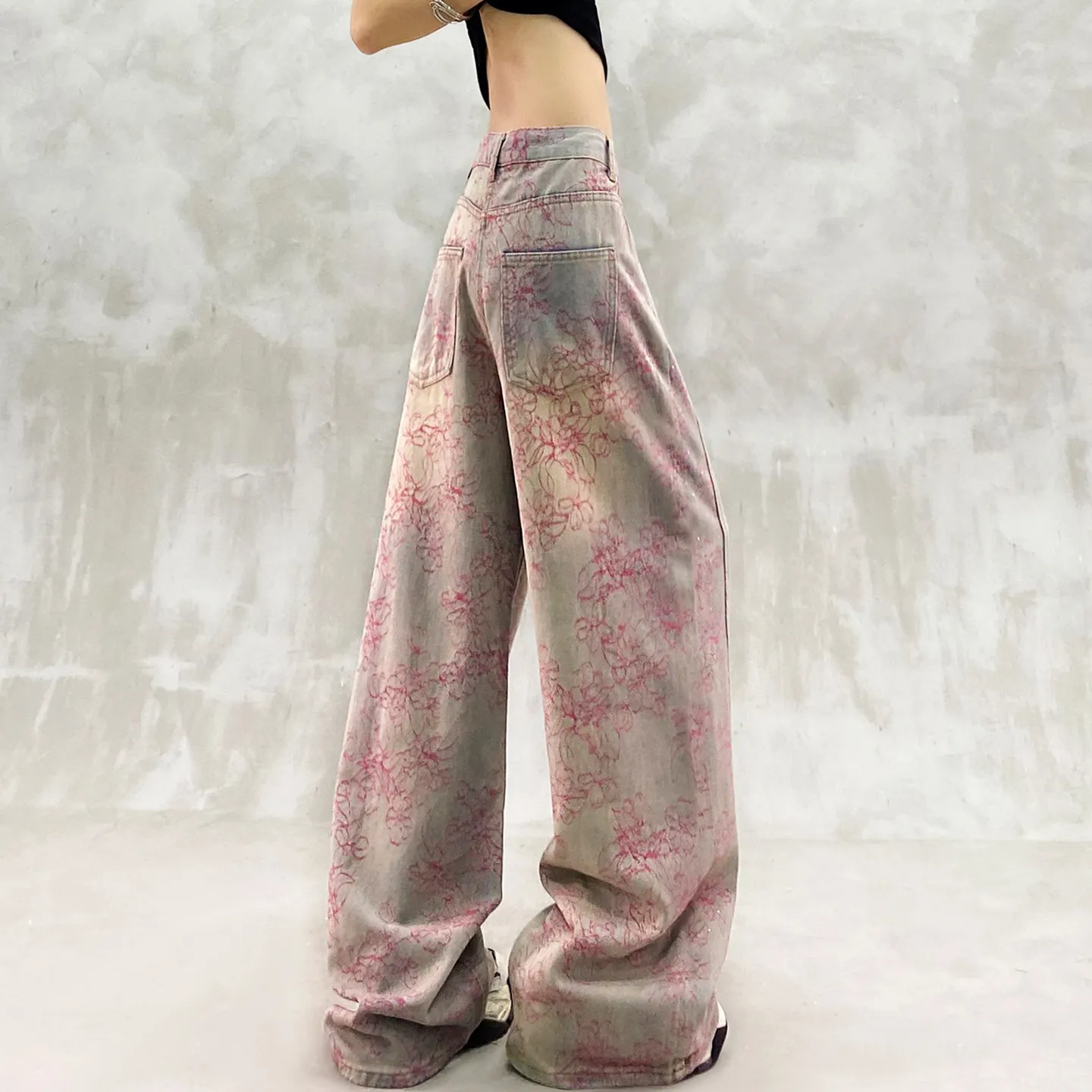 Washed Jacquard Jeans Womens Patchwork Denim Pants High Waisted Wide Straight Legs for Relaxed Summer Street Style