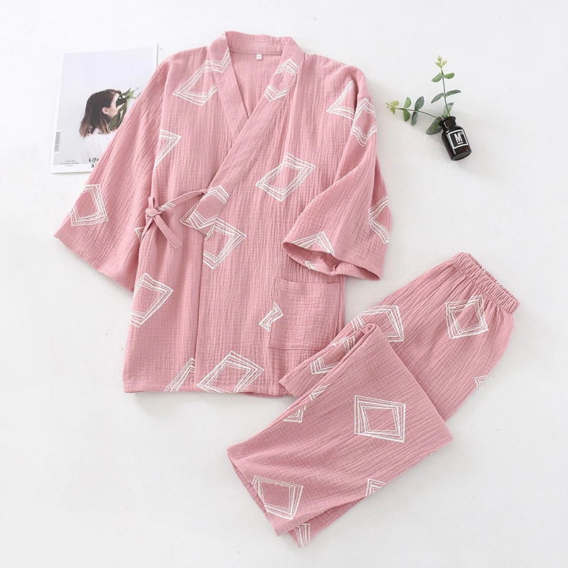 New Japanese-style Kimono Two-piece Couple Pajamas Cotton Gauze Sleepwear Woman Summer Homewear  Loose Thin Robes Nightgown