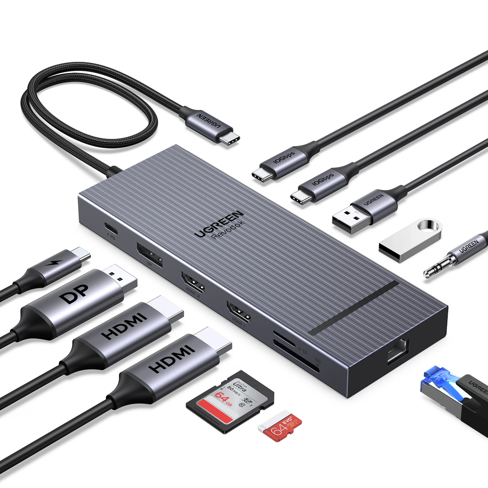 UGREEN 12-w-1 USB HUB Type-C do 2HDMI 4K120Hz DP USB3.2 10Gbps SD/TF RJ45 PD100W dla Windows Dell HP Akcesoria do laptopów Stacja dokująca — 2