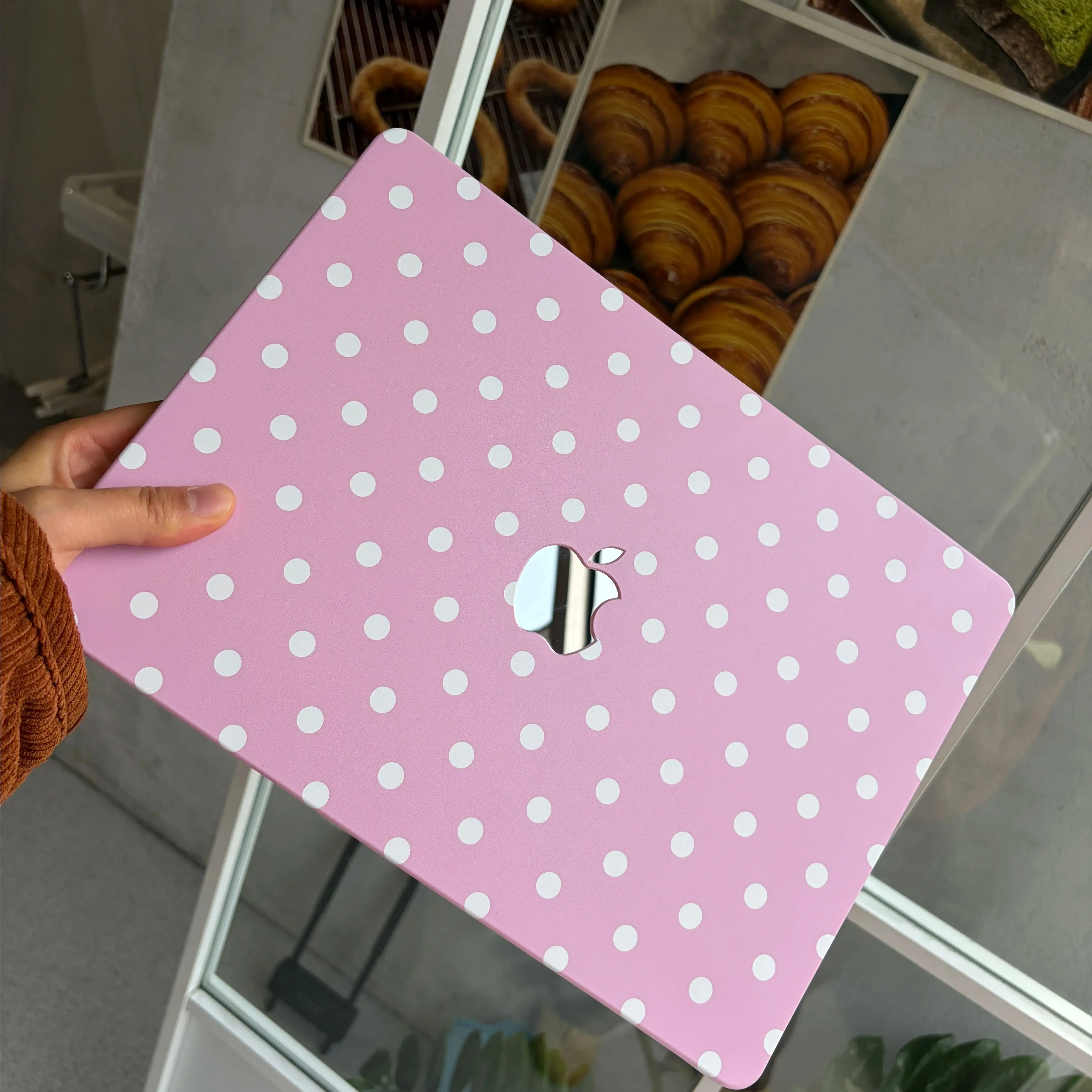 Cherry Blossom Pink Cream Yellow Dot Crystal Laptop Case For