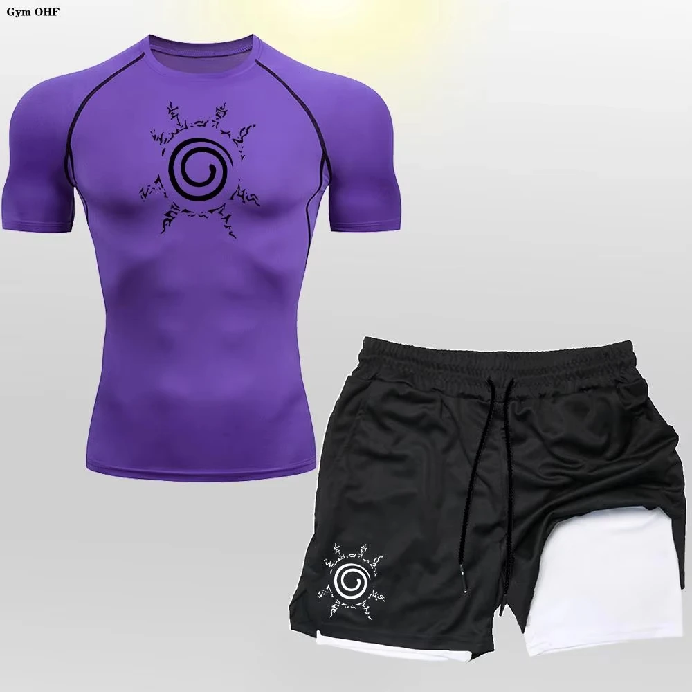 

Anime Compression Shirt Men 2 in 1 Shorts Fitness Gym Workout MMA Rashguard Jiu Jitsu Running Joggers Training Clothes Sets