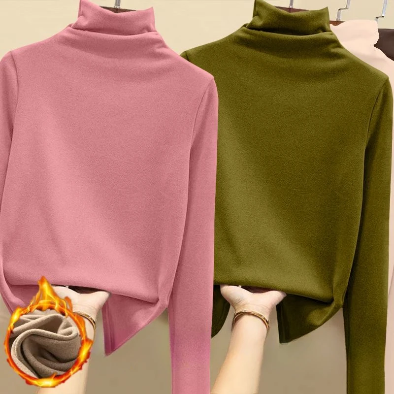 Golf Wear Luxury Clothing Thermal Fleece Undershirt Women\'s Turtleneck Solid Casual Thickened T-Shirt Classic Winter Warm Top