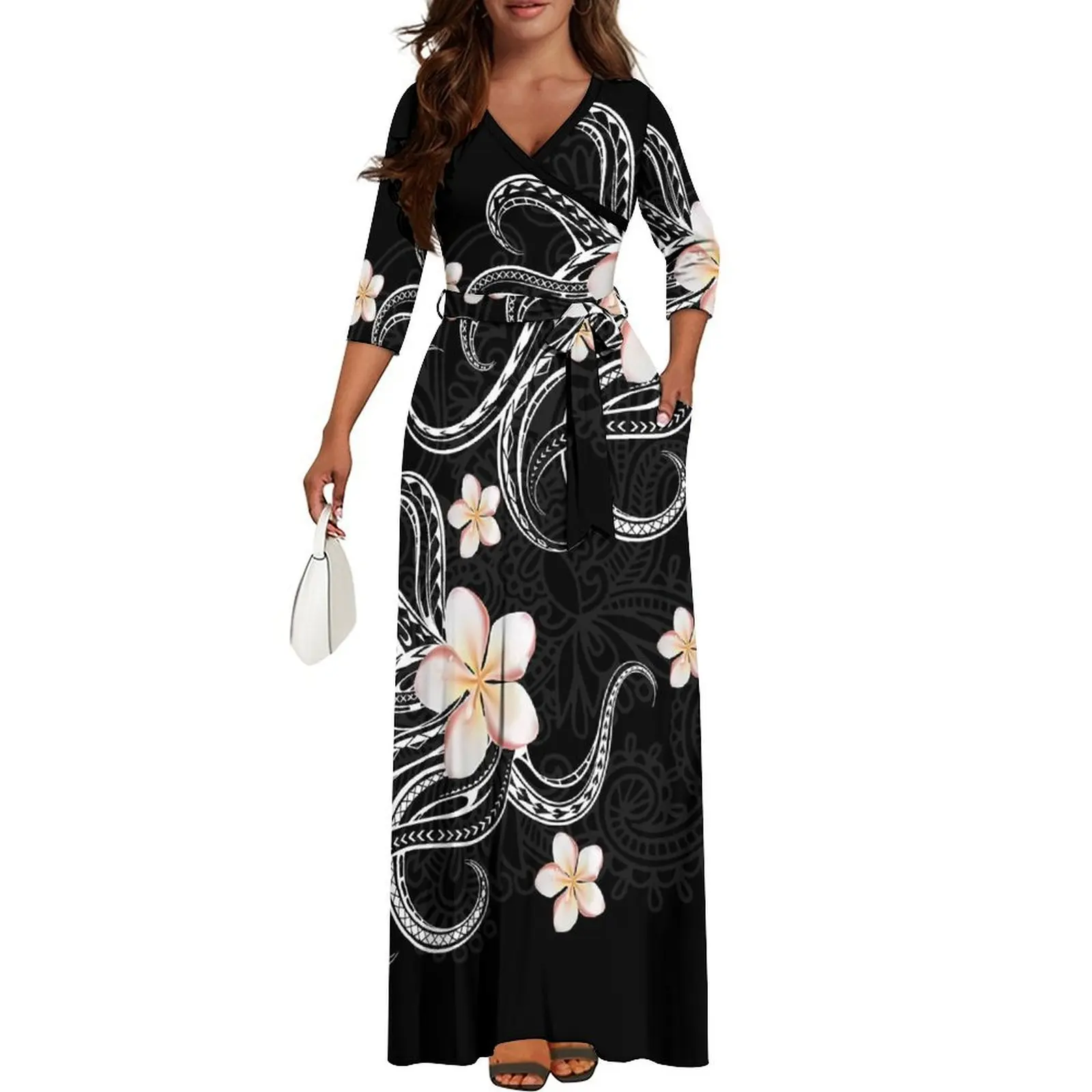 Samoa Island Club Fashion Women'S Traditional Polynesian Print Custom Elegant Women'S V-Neck Lace Long Dress 2025 New Design