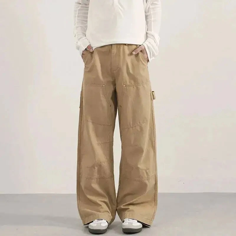 

2026 Spring New Simple Men's Casual Pants Solid Color Patchwork Ribbon Washing Straight All-match Wide Leg Male Trousers Autumn