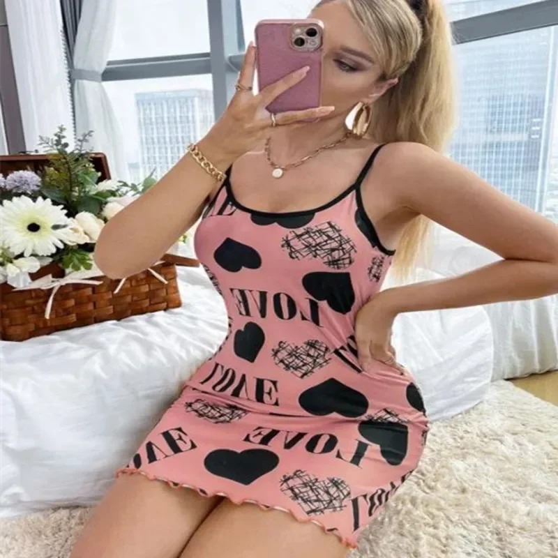 Women Summer Sexy Backless Halter Dress Simulation Nightgown Love Pajamas Short Dress Home Clothing Ladies Europe and America