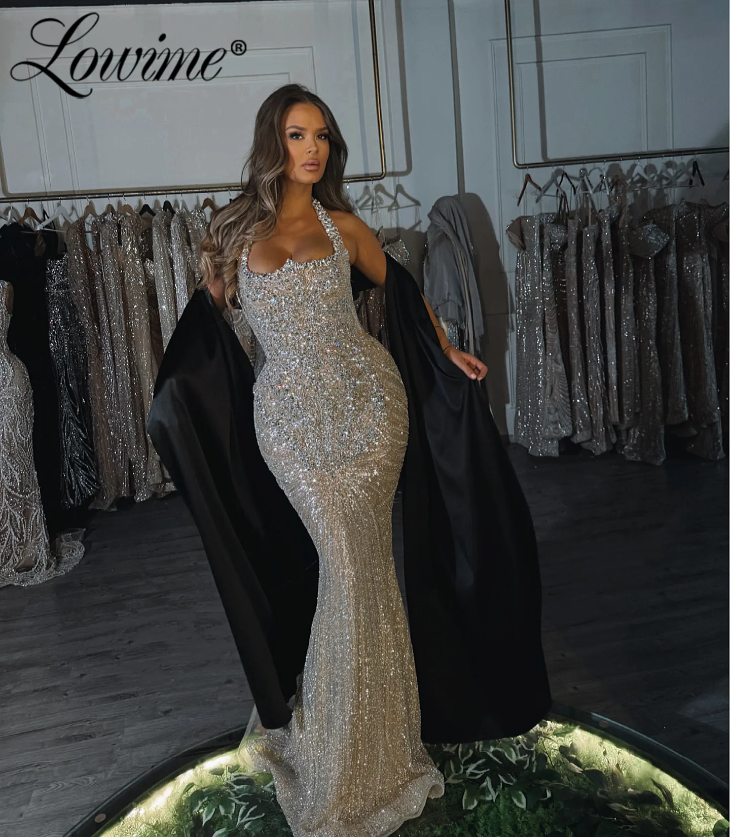 

Two Piece Women Evening Dress Halter Mermaid Prom Dresses With Black Shawl Customized 2026 Crystals Arabic Birthday Party Gowns