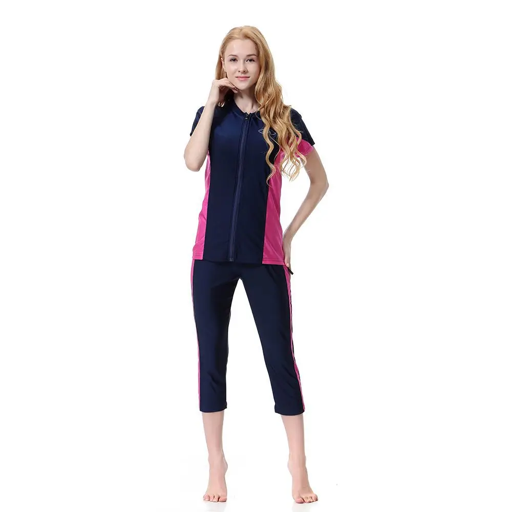 Women Muslim Swimwears Zipper Cardigan Tops Print Pencil Pants Arab Three Pieces Swim Bathing Cap Dubai Sportswear Spliced