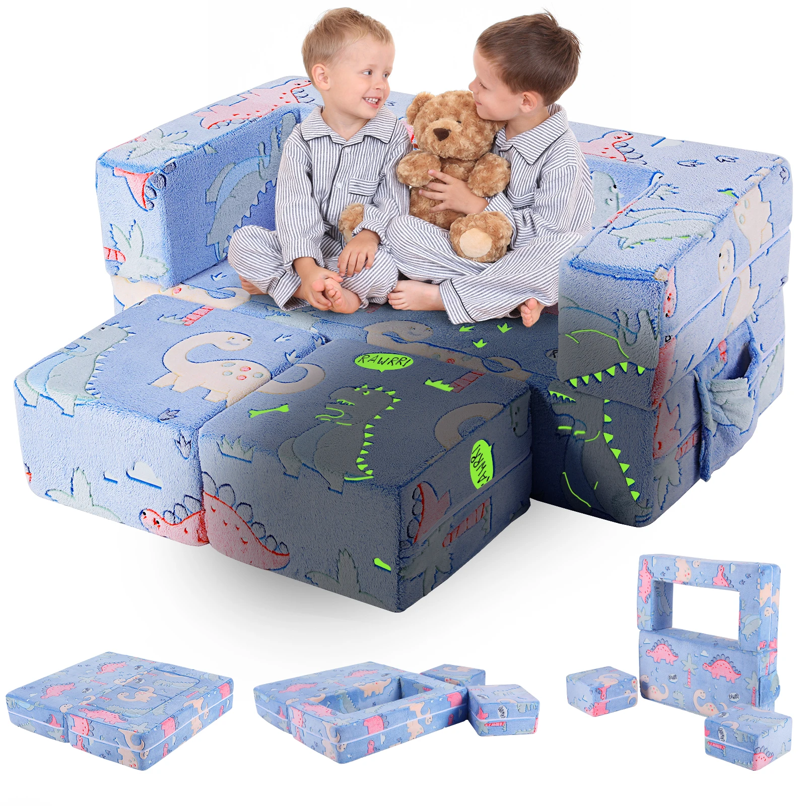 Kids Sofa Couch, Modular Toddler Couch Dinosaur Glow in Dark, Fold Out Play Plush Foam Chair w/ 2 Ottomans 1 Side Pocket