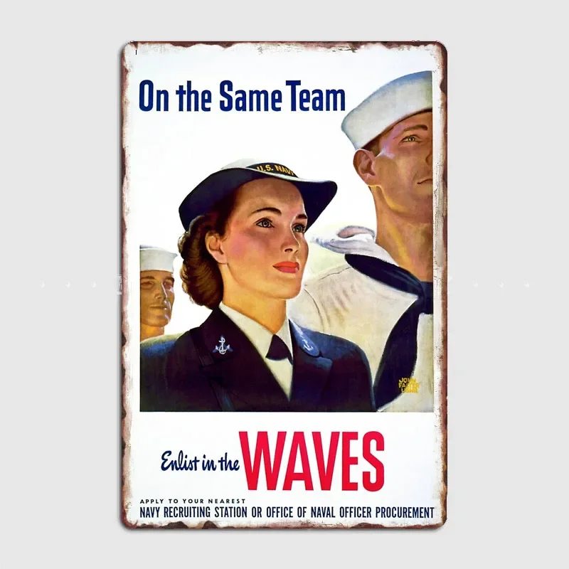 Restored Reprint of World War II US Navy WAVES Recruitment Retro Poster Metal Sign Indoor Room Wall Decor Custom Tin Home Decor