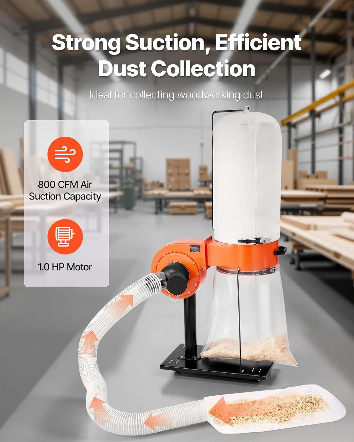 Dust Collector, 800 CFM 2.5 Micron Vortex Cone Dust Collectors, 1HP Sawdust Collection System with 16-Gallon Large Capacity Dust
