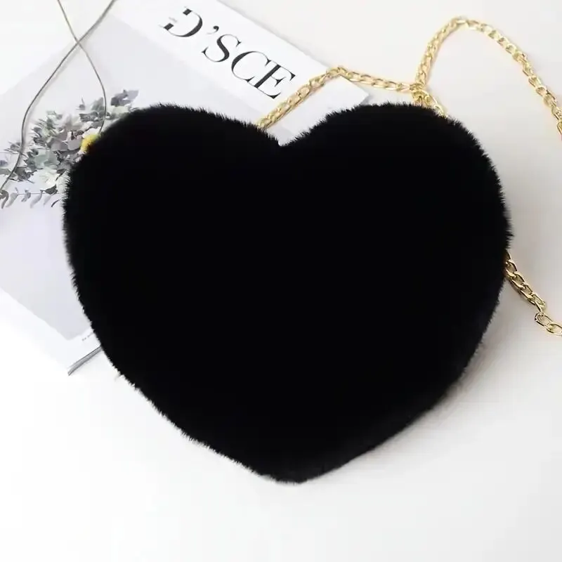 Heart Shaped Fluffy Shoulder Bag Fashion Chain Crossbody Bag Plush Handbag Cute Zipper Purse For Valentine\'s Day