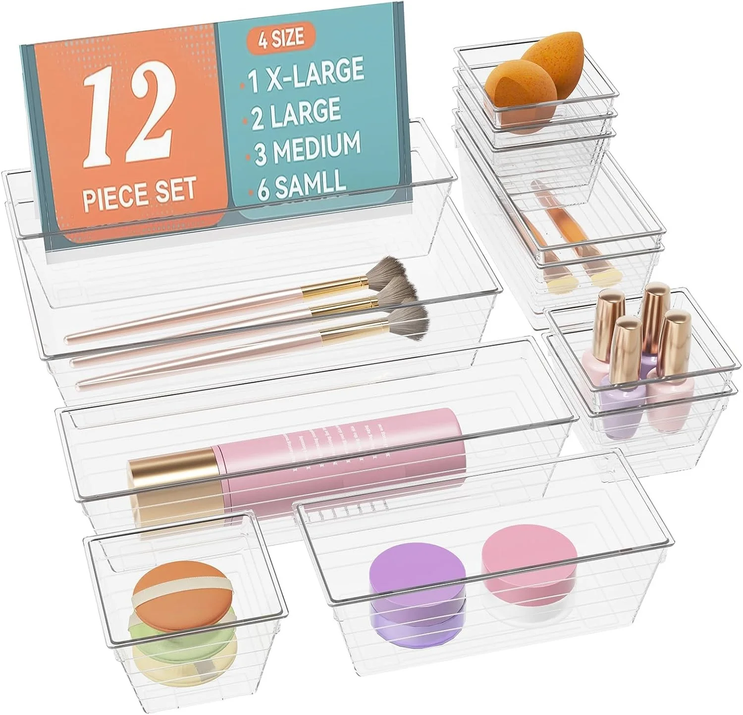 مجموعة منظم الأدراج البلاستيكية المكونة من 12 قطعة من Makeasy منظم المكياج ومنظم الغرور لأدوات القرطاسية والمكياج والمطبخ والحمام والمكتب