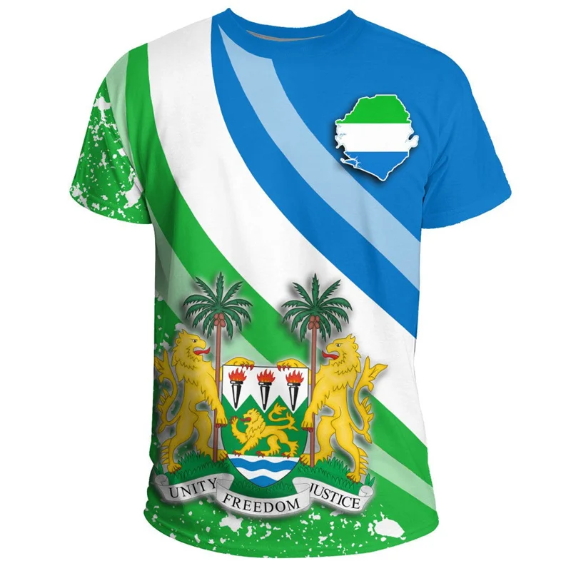 

African Sierra Leone T Shirt Men Summer 3D Printed Coat Of Arms T-shirt Leisure Tops Crew Neck Tee Shirts Loose Short Sleeves
