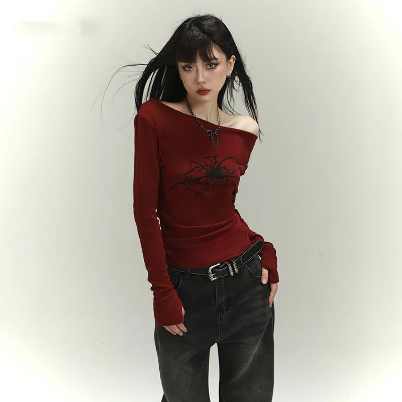 

Spicy Girl Sle Long Sve One oulder T-irt Women's Slimming Faion Autumn Winter New Arrival Sweet And Spicy Top