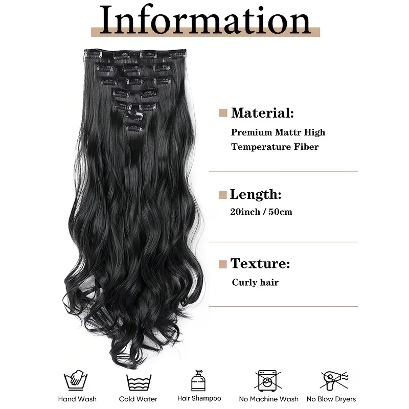 20Inch Synthetic Long Curly Clip In Hair Extensions Heat Resistant Fluffy Hairpiece for Women Daily Party Use