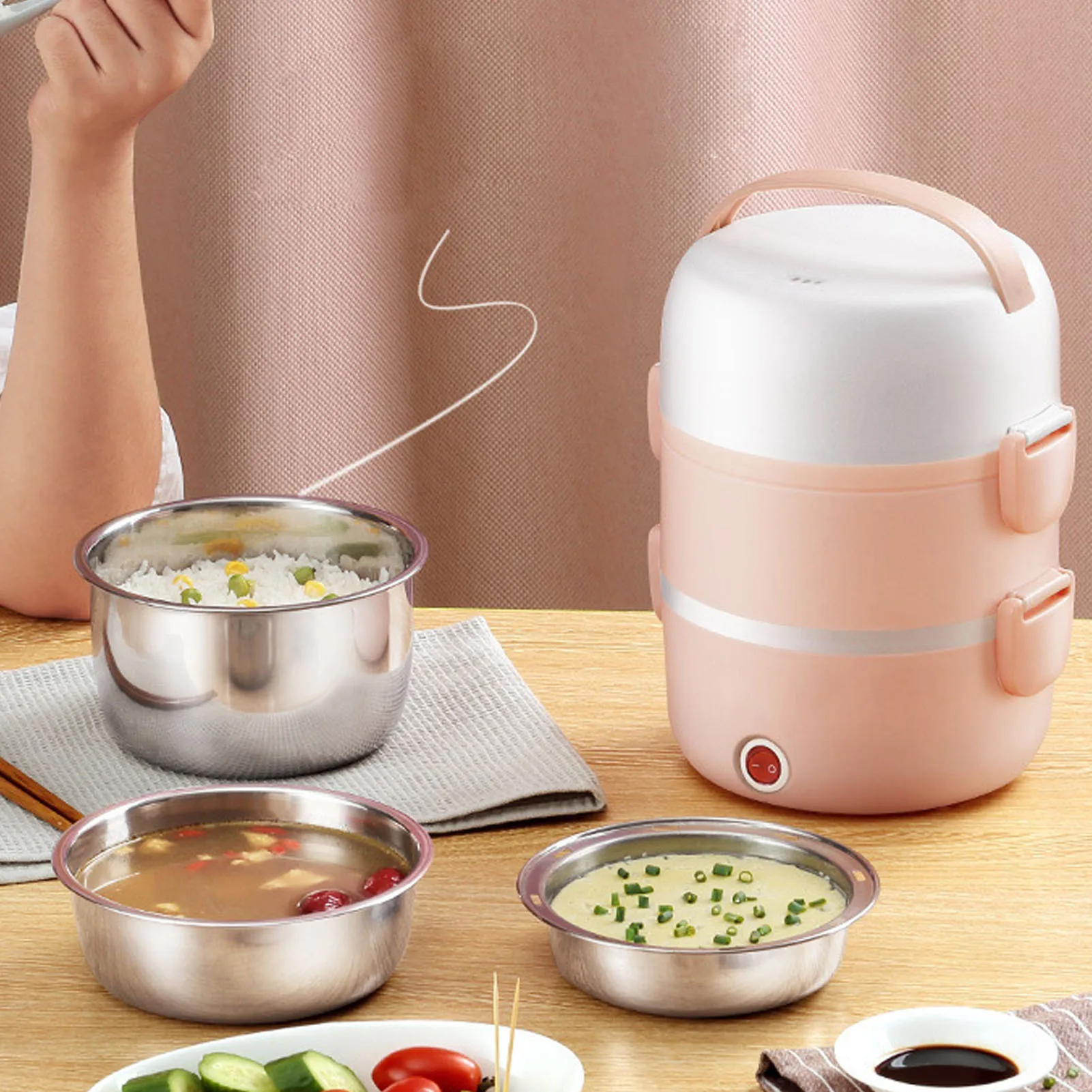 

250W Electric Warmer Lunch Box Pink Food Heater 3 Layer 2L Capacity Stainless Steel Leakage Proof Portable Bento 220V