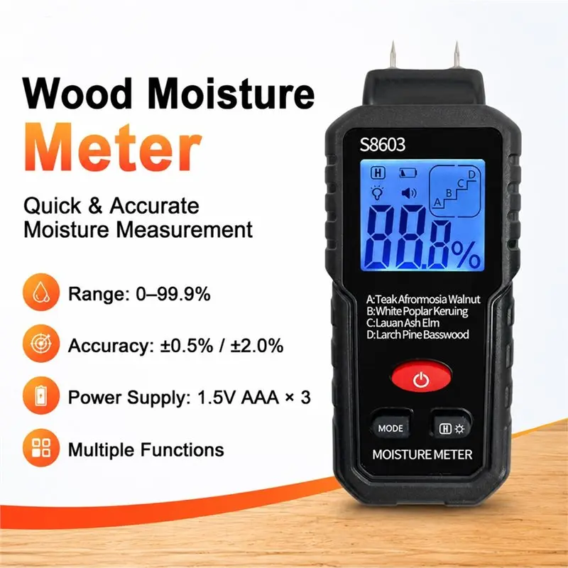 AB34-S8603 Wood Moisture Meter Wall Cardboard Humidity Tester Dry Moisture Content Testing Instrument Moisture Meter