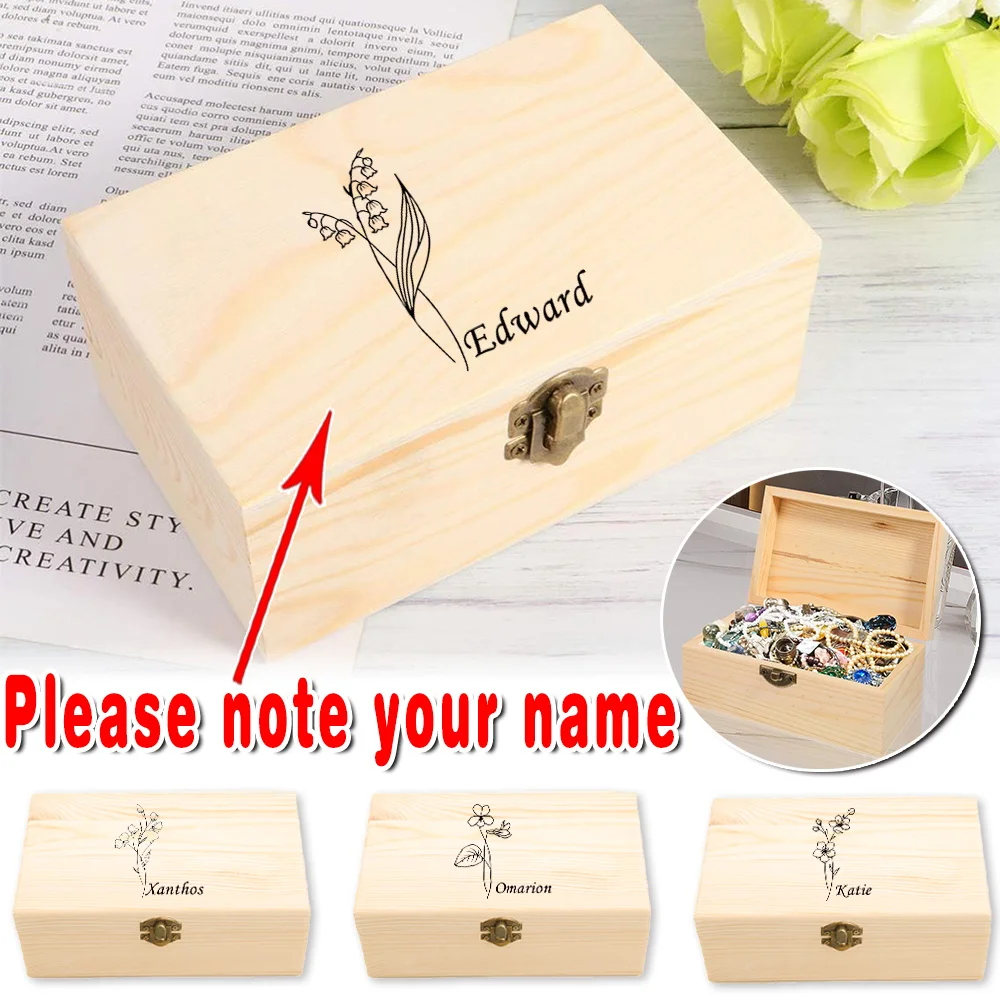 Customized Name Handmade Wooden Storage Box Jewelry Organizer Durable Keepsake Treasure Chest Craft Display Case Home Decoration