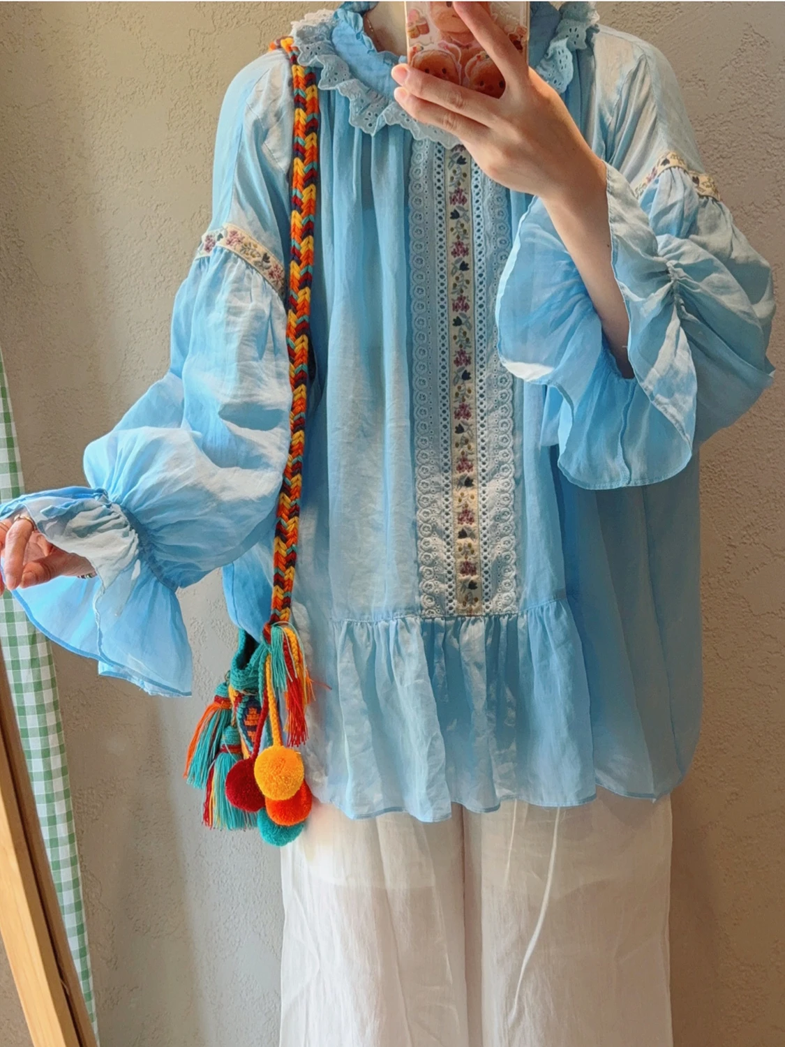 

TIYIHAILEY Spring Summer Ramie Tops For Women Long Lantern Sleeve Tees Thin Embroidery Blue Shirt Lace Patchwork Ladies