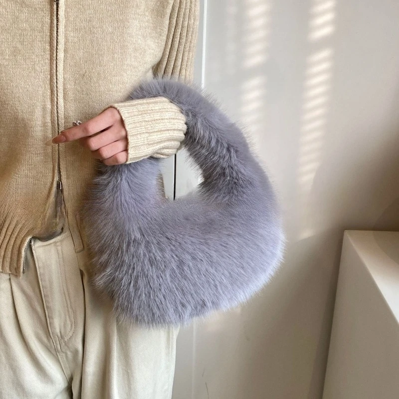 الشتاء مصمم فروي فو الفراء حقيبة يد صغيرة فاخرة حمل حقيبة المرأة المألوف لينة الفراء شبه دائرية القمر حقيبة حقيبة السفر