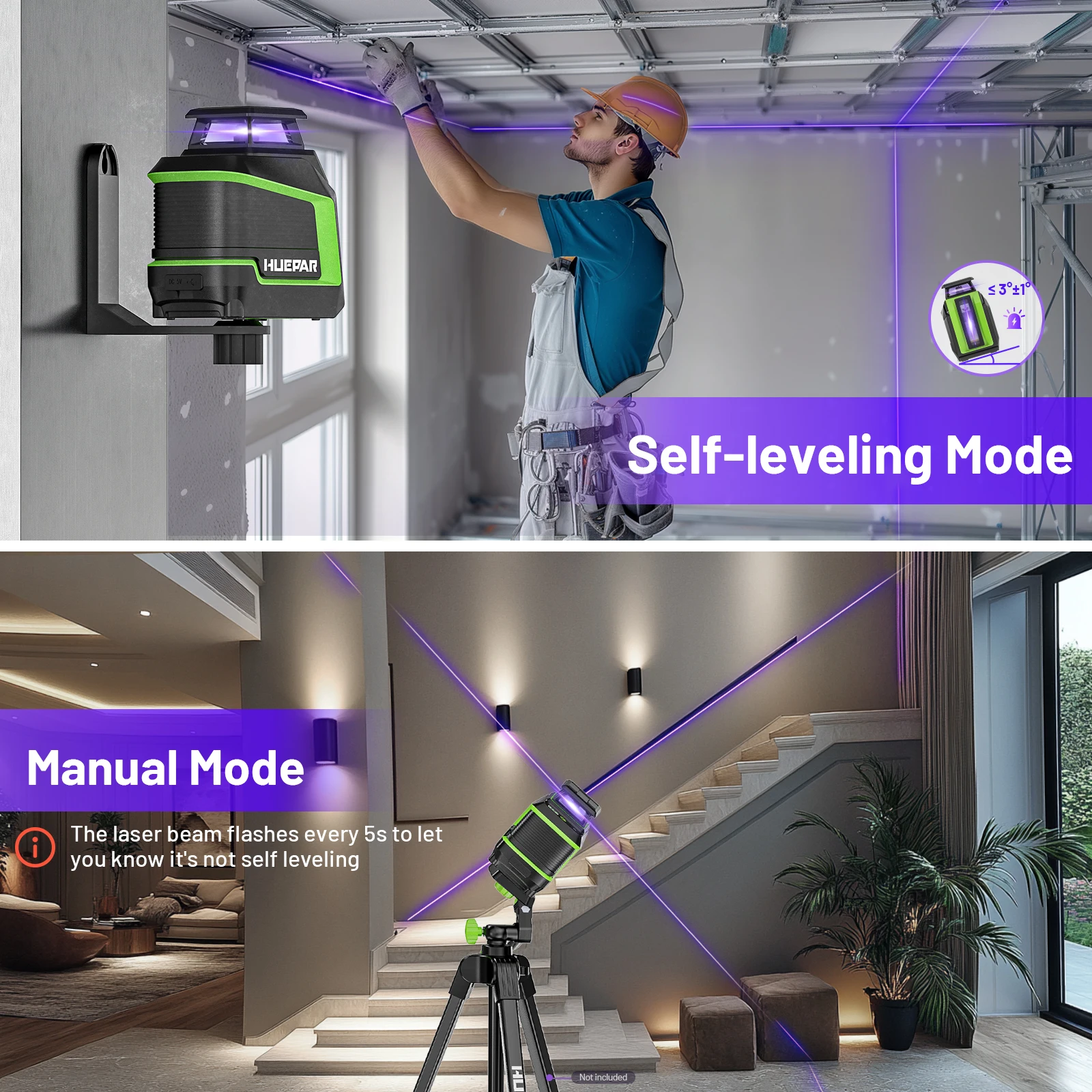 Huepar D011CP Multi-lines Laser Level Self-Leveling Cross Line Purple 360° Horizontal & Vertical Laser Tools With Li-ion Battery